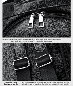 Detail of silver dual zippers and adjustable hardware buckle on black leather backpack