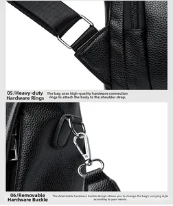 Detail of durable metal alloy D-ring and detachable swivel hook on black PU leather bag