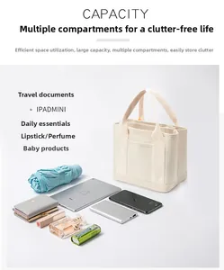 Detail view of multi-compartment canvas tote bag showing high capacity for daily essentials
