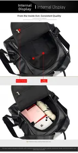 Detail showing inner pockets and large capacity of this black soft PU leather backpack