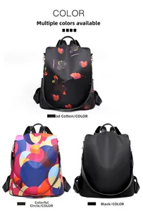 Detailed views of printed oxford backpack in floral, geometric rainbow, and classic black