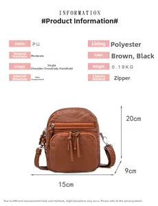 Detailed view of the brown PU leather crossbody bag showing dimensions and soft pebble texture