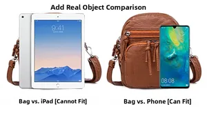 Brown litchi texture crossbody bag size comparison with smartphone and tablet