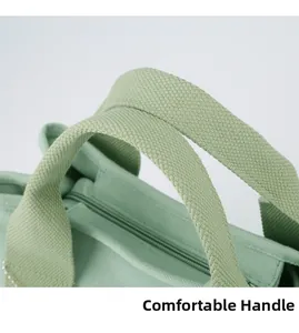 Detail of comfortable reinforced canvas handles and metal zipper on light green handbag