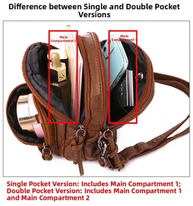Brown PU leather crossbody bag with single and double main compartment structure detail