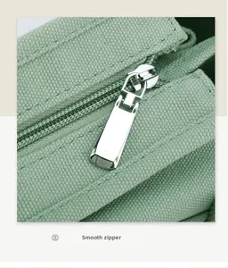 Detail of smooth silver metal zipper on light green canvas tote with high quality texture