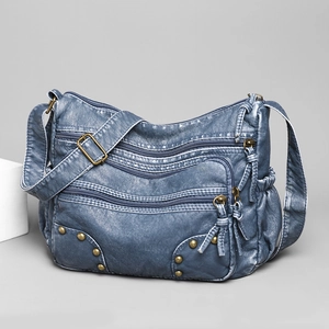 Women Crossbody Bag Washed PU Leather Multi Zipper Pocket Large Capacity Vintage Rivet Shoulder Bag For Daily Use