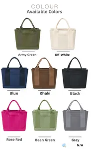 Collection of minimalist canvas tote bags shown in eight different colors on a white background