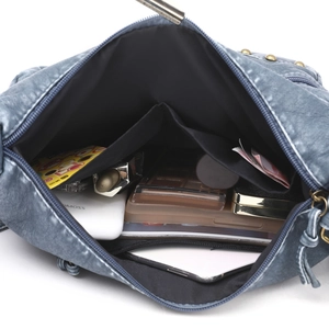 Large capacity navy blue washed PU leather shoulder bag with multi-compartment interior