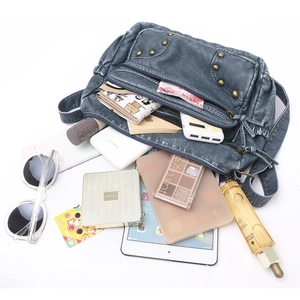 Blue retro soft PU leather crossbody bag with multiple zippers and large capacity