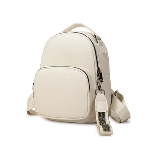 Minimalist cream white PU leather backpack for women with rhinestone strap detail
