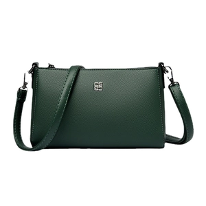 Dark green lychee texture leather shoulder bag with silver logo and adjustable strap