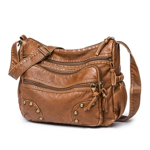 Brown vintage PU leather crossbody bag with multiple pockets and bronze rivet details