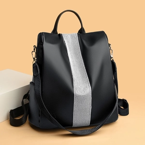 Chic black faux leather backpack for women with sparkling rhinestone trim and large capacity