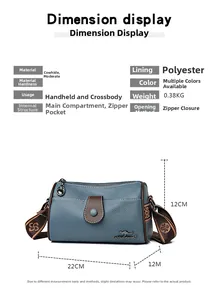 Détails du sac en cuir bleu affichant les dimensions 22x12x12cm et la bandoulière fleurie