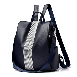 Deep blue lychee pattern faux leather backpack for women with silver sequin stripe