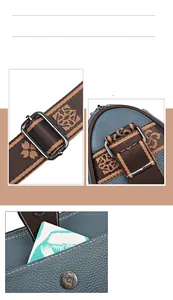 Détail du sac en cuir grainé bleu-gris avec bandoulière tissée aux motifs vintage