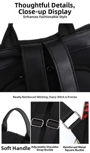 Detail of black nylon backpack featuring reinforced stitching and adjustable metal buckles