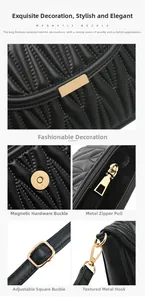 Detailed close-up of black quilted leather texture and gold hardware on women shoulder bag