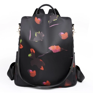Fashion black oxford backpack with floral print, large capacity commuter travel bag