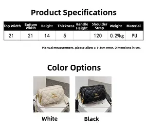 Detailed size chart and dimensions for quilted PU leather crossbody bags in black and white