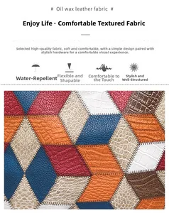 Detail of oil wax leather with geometric patchwork and crocodile embossed texture