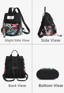 Detailed views of a black backpack featuring floral print and teddy bear keychain