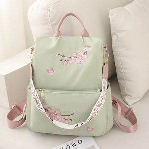 Women Nylon Backpack Waterproof Cherry Blossom Butterfly Embroidery Travel School Bag Ethnic Style Elegant Handbag