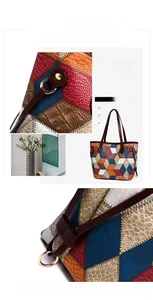 Close-up of geometric patchwork tote bag showing lychee grain leather and metal rings