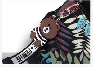 Detail of tropical leaf print bag with cartoon bear pendant and lettered strap