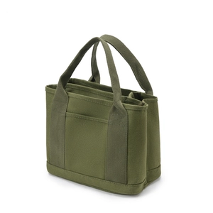 Minimalist army green canvas tote bag with multi-compartment storage and sturdy handles
