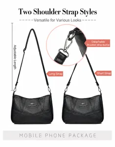 Detail of black soft PU leather bag showing adjustable long strap and short handle