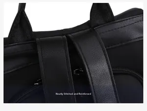 Detail showing neat reinforced stitching on black nylon and synthetic leather backpack straps