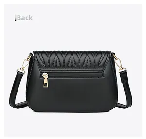Back view of black faux leather crossbody bag with a zipper pocket and wave quilting