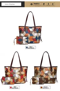 Detail of color-block plaid tote bag sets with pebbled leather texture in three colors