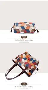 Detailed flat lay of geometric color block tote bag showing textured PU leather and base