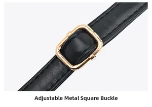Detail of black pebbled leather strap with adjustable gold metal square buckle fastener