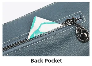 Vue détaillée de la poche zippée arrière d'un sac en cuir bleu foncé avec pendentif