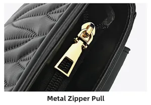 Detail of high-quality gold metal zipper and black quilted leather on a shoulder bag