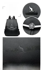 Detail of black pebbled leather backpack with silver camellia lock and kangaroo metal logo