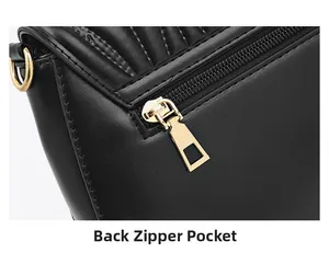 Detail of a black faux leather crossbody bag featuring a golden zipper and quilted texture