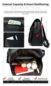 Internal layout of black faux leather backpack showing large storage capacity for gadgets