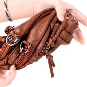 Brown soft PU leather crossbody bag with multiple zippers and high flexibility