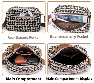Detail of multi-compartment houndstooth canvas crossbody bag with three main pockets