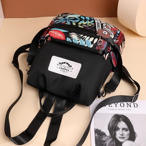 Floral print large capacity backpack for women with bear charm and water-resistant nylon fabric