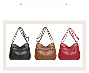 Detailed comparison of vintage soft leather crossbody bags in black, brown, and red colors