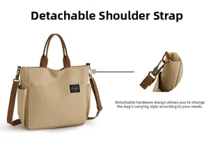 Détail du sac fourre-tout en toile beige avec bandoulière amovible et boucles vintage