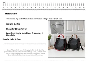 Detailed view of PU leather embossed handbag with size specifications and strap details