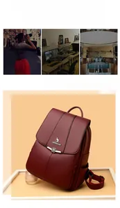 Detail of burgundy PU leather backpack featuring lychee grain texture and metal flower buckle