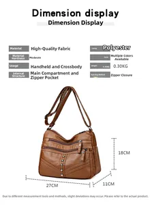 Detail view of brown vintage PU leather crossbody bag with multi-zipper pockets and size specs